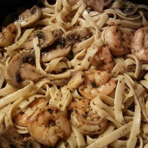 PESTO SHRIMP FETTUCCINE IN MUSHROOM GARLIC SAUCE