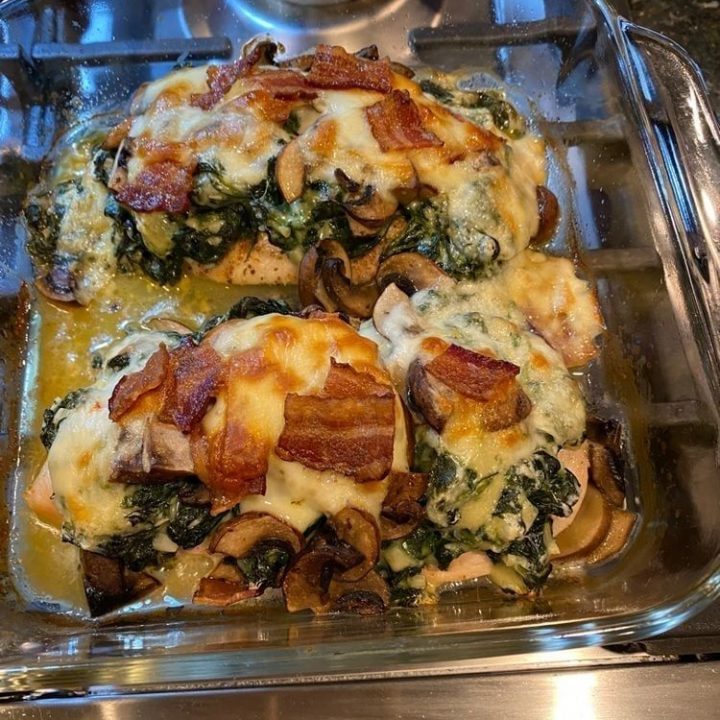 Smothered Chicken with Creamed Spinach Bacon And Mushrooms