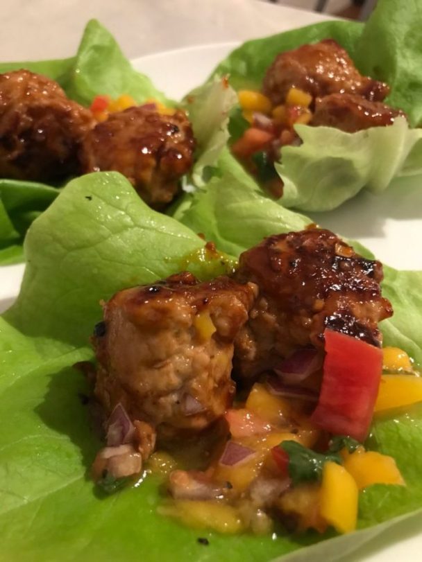 ASIAN CHICKEN MEATBALL LETTUCE WRAPS WITH MANGO SLAW Delish Grandma's