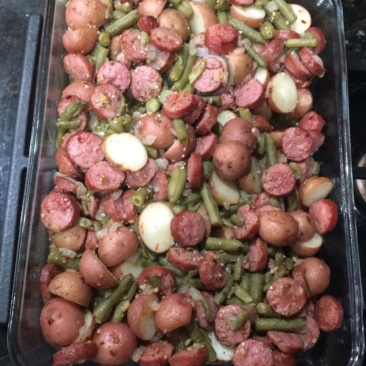 SAUSAGE GREEN BEAN POTATO CASSEROLE